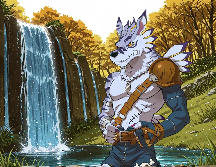 weregarurumon, weregmonil, anthro, male, wolf, light blue fur, yellow eyes, dark blue stripes, purple claws, ripped blue jeans with a spiked knee-pad on the right leg, a leather pauldron on left shoulder, blue arm sleeve on left arm, dog_tag, silver armban...