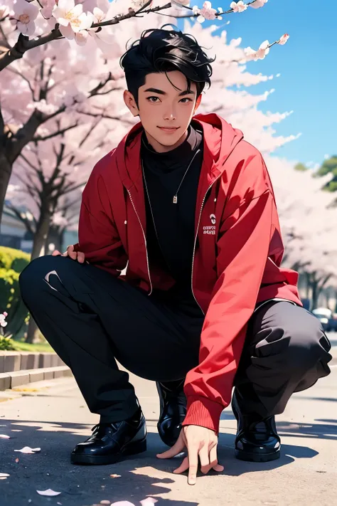 Man Two handsome very short black hair Shaved head Shaved head smile cute solid black long sleeve black tight high neck shirt full zip up Tight Long Long Pants show me Megamokkori Sit down on the ground wide thigh opening blue sky Cherry blossom...