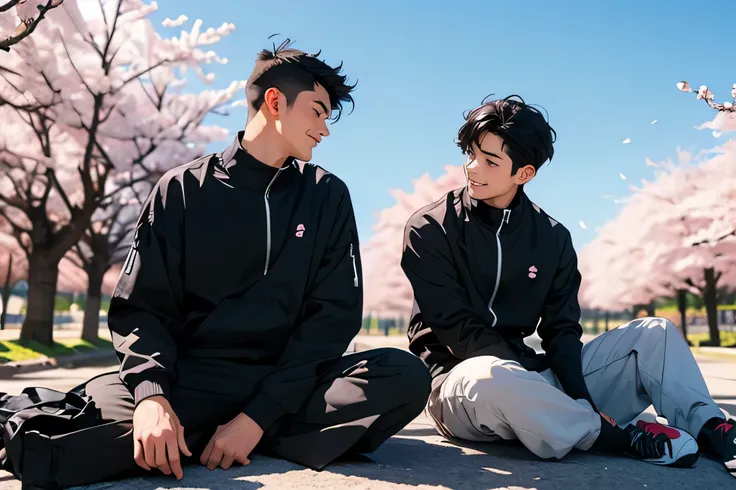 Man Two handsome very short black hair Shaved head Shaved head smile cute solid black long sleeve black tight high neck shirt full zip up Tight Long Long Pants show me Megamokkori Sit down on the ground wide thigh opening blue sky Cherry blossom...