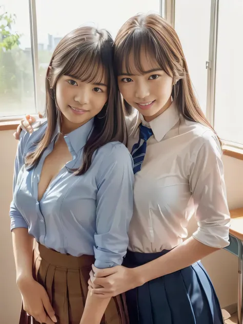 (((school classroom)))(((Lots of desks and chairs)))(((Window seat)))(((lesbian couple portrait )))、(((Highest Image Quality、highest resolution from vagina、masterpiece、8k)))、(((detailed face)))(((cute face)))(((Baby Face)))(((Young contour)))((( Lovely fac...