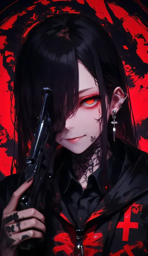 male, ((boy , Alone, Only one person)),
(detailed face, detailed eyes, detailed hair,masterpiece, best quality, high resolution, 4K, 8k, 16k),
black hair, unkempt,
long bangs,
((Her right eye is hidden by her bangs, but you can see a little of it thro...