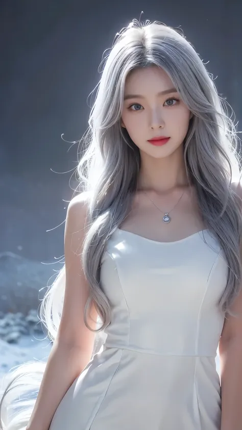 (Masterpiece, best quality:1.2),1 girl, upper body,tail, large tail, white hair, my hair is very long., Wavy hair, gray eyes, smile a little, detailed eyes, colorful hair, circle, bead necklace, leopard ears, black coat, white dress, hip vents, Pelvic curt...