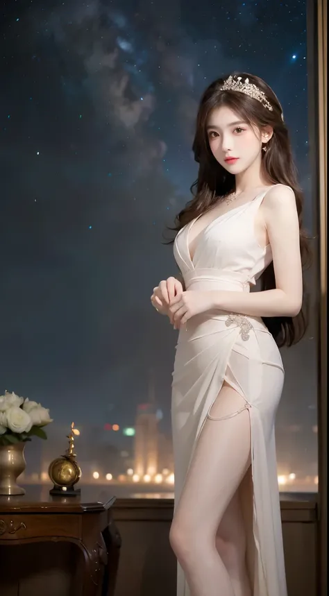 A beautiful princess, elegant, detailed, cute, (Rubensian), (Romanesque Background), (Night Sky), elegant detailed dress, (art：dgtlv2、Henry Asensio、Jean Chin、Josephine Wall、Edwin Deakin), (masterpiece), (Excellent anatomy),