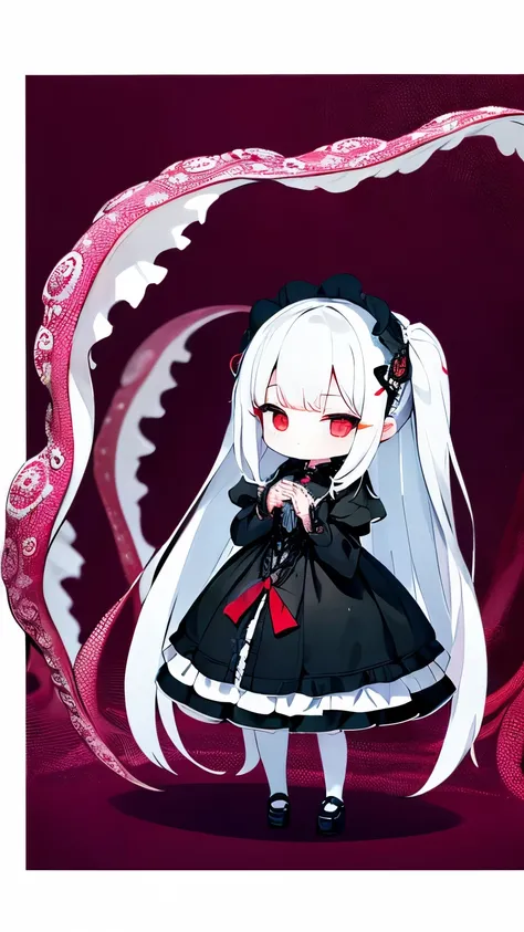  1girl , chibi,Gothic lolita,full body,put hands on body,standing,（Long, fluffy white hair、red eyes、A black and white frilly dress、wears a hair ornament that looks like an octopus tentacle）,green background
