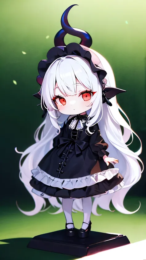 1girl , chibi,Gothic lolita,full body,put hands on body,standing,（Long, fluffy white hair、red eyes、A black and white frilly dress、wears a hair ornament that looks like an octopus tentacle）,green background