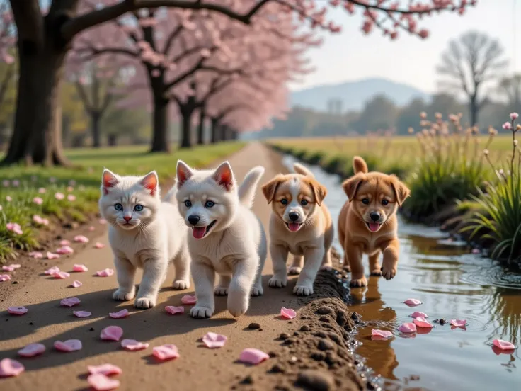 ((score 9, score 8_up, score 7_closeup: 1,6)),Scene: A beautiful country road with a row of cherry blossom trees in full bloom and a stream running through it on a sunny spring afternoon. Two kittens and three puppies are walking happily in a line, as if t...