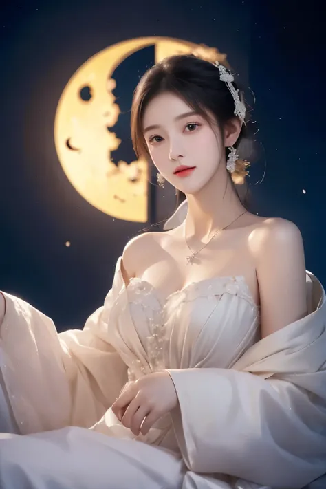 (( best quality)), ((傑 best quality、masterpiece、High sensitivity、 high definition 、 Details、 Delicate Facial Description)), Slender woman、Sit on the crescent moon、 fantasy、