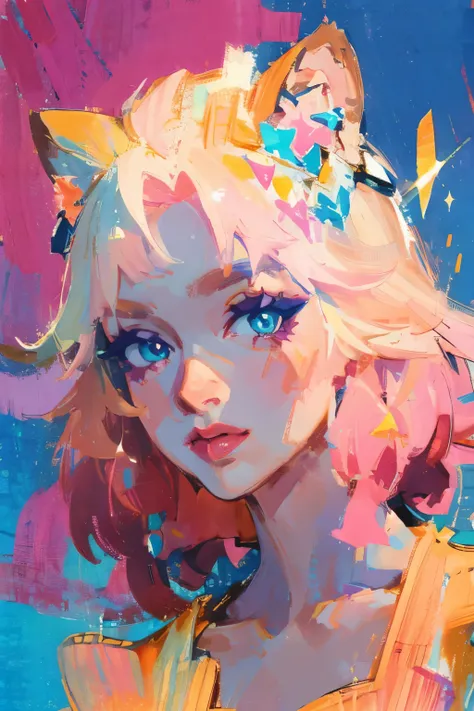 Xilonen_(Genshin Impact), but her hair is white and covered in light orange, pink and blue flowers. Her bangs face the opposite direction and her gentle eyes are light blue. She wears pink nail polish, and sky blue toe polish. SPARKLE; GLITTER