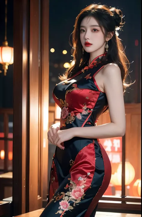 Redra(best quality,ultra-detailed,realistic:1.37), digital illustration, ( woman wearing a chinese traditional ฺBlack costume), detailed eyes and face, beautiful detailed lips, red lips, sexy body, big breasts,long eyelashes, big breasts:2.0, (Close-up pho...