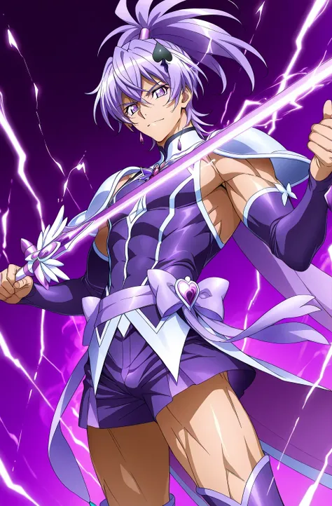 score 9 、score 8 up、score 7 up、source anime、masterpiece、best quality、high resolution、anime coloring、1boy 、Cure Sword、(male:1.6)、close-up of a boy cartoon character with purple hair、high short ponytail hair、spade shape hair ornament、Alone、portrait of Magic ...