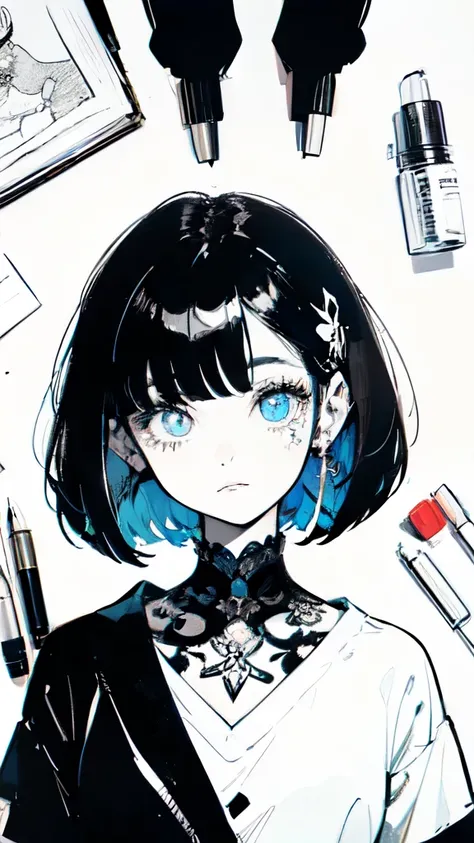 Beardsley Style, ink art, Pen and ink, (best quality,masterpiece:1.2),(black and white cartoon core :1.1),(Extremely High Contrast),Dark Ink, 1 beautiful girl, sidemap, schools_, Bob_ cut_hair, 前hair, very_beautiful_face, very_beautiful_eye, flat_eye