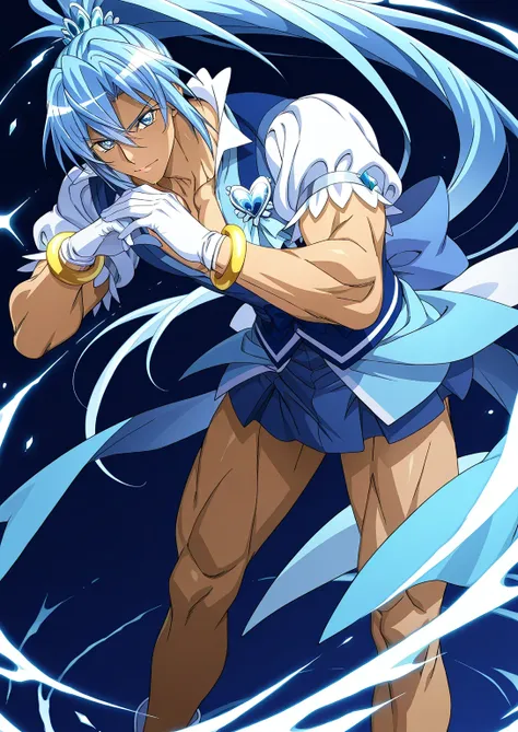 score 9 、score 8 up、score 7 up、source anime、masterpiece、best quality、high resolution、anime coloring、1boy 、cure diamond、(male:1.6)、Close up of a blue-haired boy cartoon character、high long ponytail hair、dia shape hair ornament、Alone、portrait of Magic Boy、Bo...