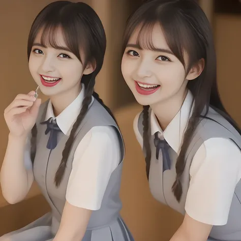 (highest quality, masterpiece, high resolution:1.2), 4K, (Photo quality detailed foreground: 1.2), geometry, (Two neat noble beautiful slender girl, girly very-long-braids-hair too beautiful photo model are seated, looking up the viewer like praying, squee...