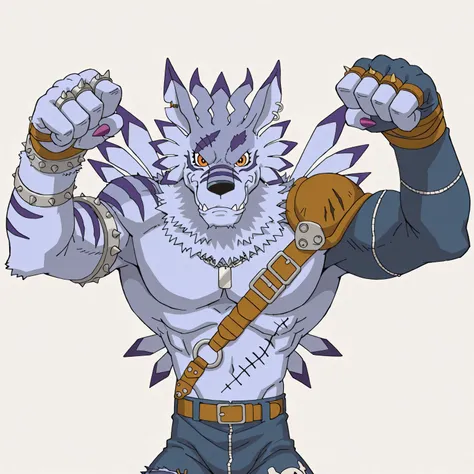 weregarurumon, weregmonil, anthro, male, wolf, light blue fur, orange eyes, dark blue stripes, purple claws, ripped blue jeans with a spiked knee-pad on the right leg, a leather pauldron on left shoulder, blue arm sleeve on left arm, dog_tag, silver armban...
