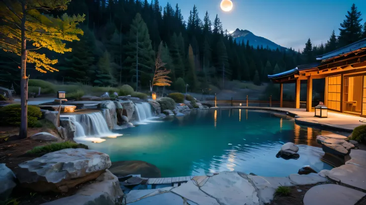"A tranquil Japanese open-air hot spring (rotenburo) at night, with the hot spring occupying about 70% of the frame. The hot spring has a traditional Japanese rotenburo shape, complete with a flowing water outlet (Spout) gently pouring hot water into the p...