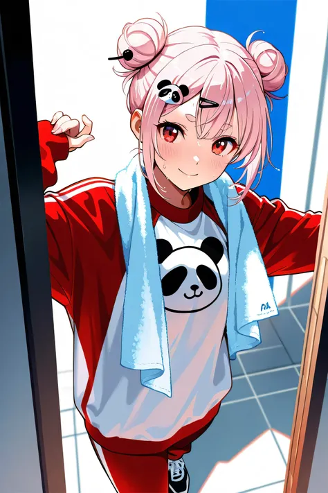 masterpiece, best quality, high resolution, alone, 1 woman, light pink hair, small bun hair, half twin, short hair, Align your bangs, cut, thin oval eyebrows, panda face design hairpin, Red Eyes, training wear, A towel is hanging around his neck, smile, Fu...