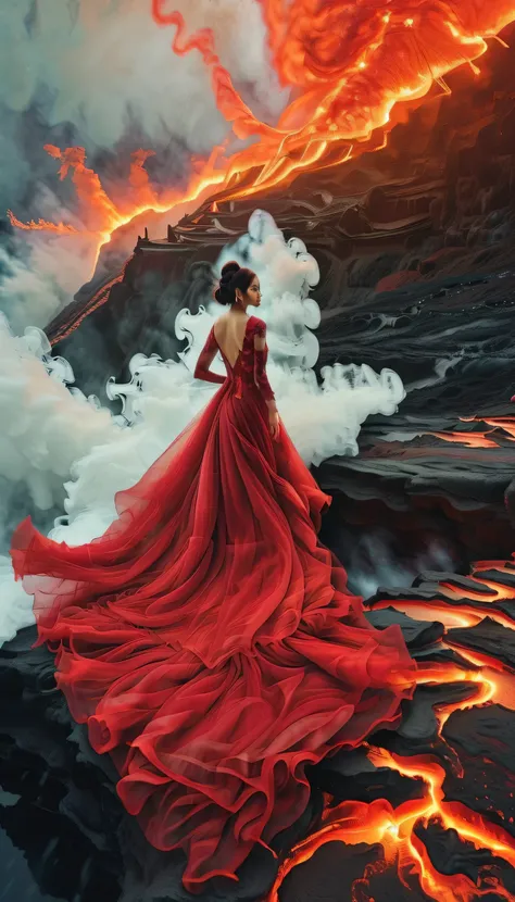 Realistic photo of a beautiful woman in a dramatically over flown long and flowing red bridal gown, little fireballs falling from the sky, meteor shower, walks on the surface of the hot flaming lava, lava bubble and steams, hazy, heat blur, dark cloudy sky...