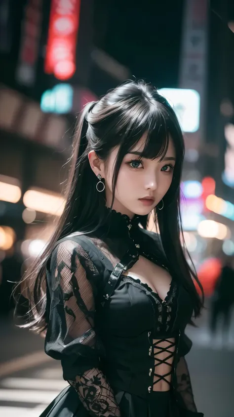 masterpiece、best quality、super high resolution、super high image quality,aesthetic、16k、 (Photorealistic:1.4)、ゴシックpunkの衣装、looks up, upper body,Hair bundle,Gray Hair,(realism:1.5、realistic、photorealistic)、black、earrings、amount、Gothic skirt、Goth_punk,sharp、nig...