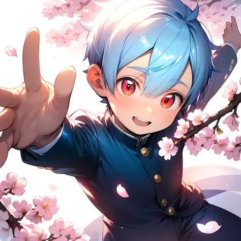 (score_9, score_8_up, score_7_up), (perfect face), (detailed face:1.3), (detailed_eyes:1.3), shiny eyes, (masterpiece eyes), (cute face), (solo), (shota:1.4), (standing under cherry blossoms), (spread arms), (dynamic pose:1.2), (gakuran:1.3), (black school...
