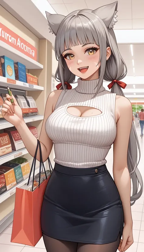 score_9, score_8_up, score_7_up, source_anime、top quality、8k、 masterpiece、Ultra High Precision、 natural light、perfect anatomy from a shellfish、 perfect eye、beautiful eyes、one woman、medium breasts、saggy breasts:1.4、blDnia , cat ears, grey hair, low twintail...