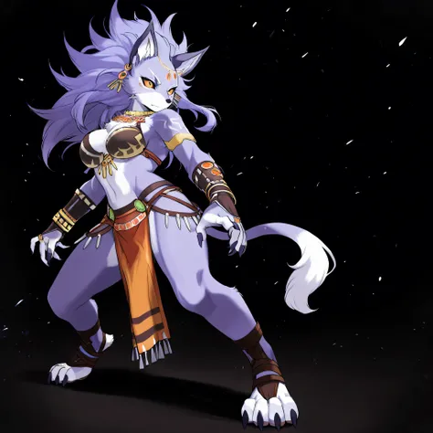 masterpiece, best quality, anime style, anime shading, full body picture, centered, single focus, ((three quarter view)), ((single view)), 1girl, ((alone)), bellad, furry female, tail, breasts, animal ears, body fur, claws, colored sclera, bracelets, snout...