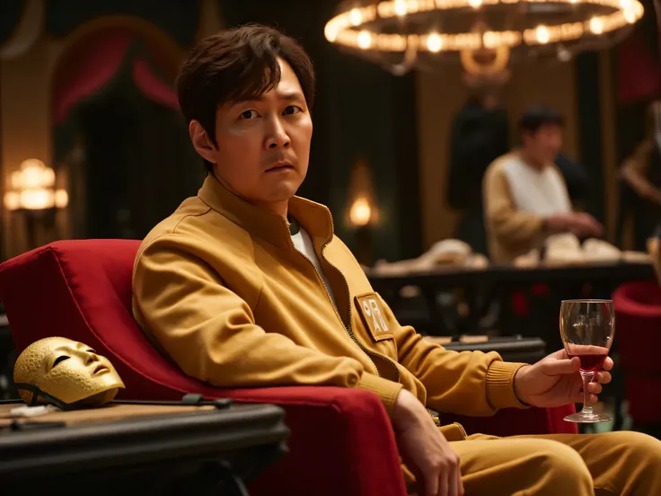 A hyper-realistic cinematic image of Seong Gi-hun, dressed in an elegant golden suit, sitting on a luxurious, velvet-upholstered comfy couch in a dimly lit, high-class lounge. His red-dyed hair is neatly styled, and he holds a glass of expensive red wine i...