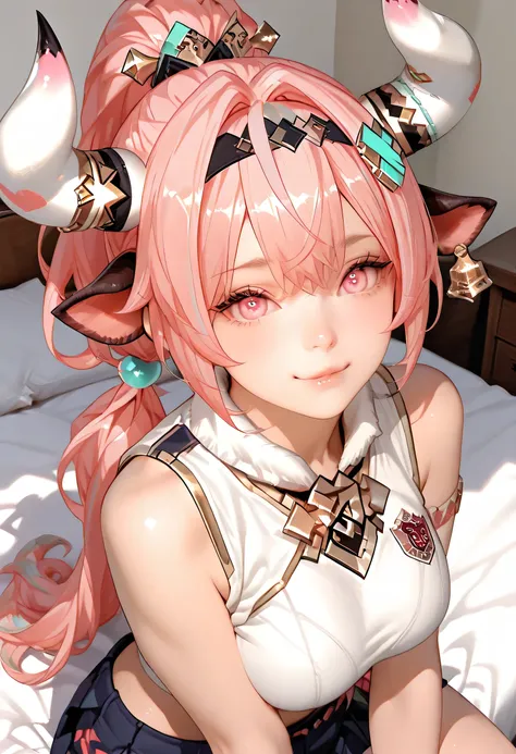 ultra detailed realistic varesa half body, pink hair, pink eyes, white tanktop uniform, background, ray tracing, ponytail hair, sitting on the bed, cute face, has cow horn and ear accessories on head