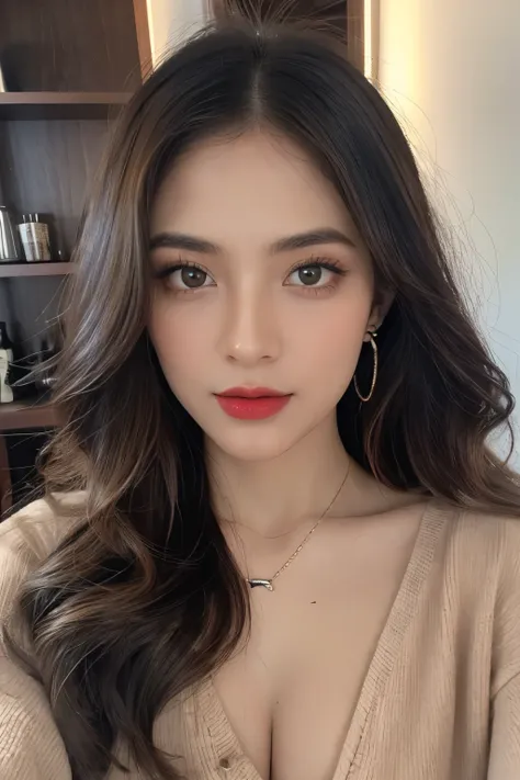 ((Masterpiece, high quality, super detailed, 4k, RAW Photo)), 1 girl, wavy hair, ((brown ombre hair)), Perfect face, thin face, ((lying silkworm eyes)), shinny skin, long sleeve t-shirt, in the mini bar, look at the camera, slim body, perfect eyes, big nos...