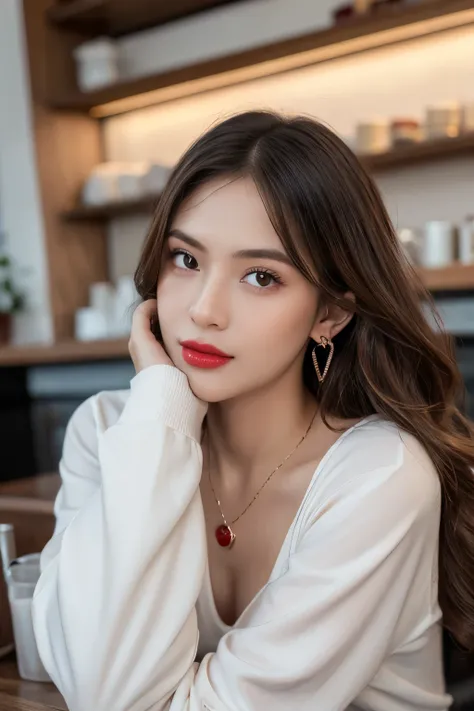 ((Masterpiece, high quality, super detailed, 4k, RAW Photo)), 1 girl, wavy hair, ((brown ombre hair)), Perfect face, thin face, ((lying silkworm eyes)), shinny skin, long sleeve t-shirt, in the coffee shop, look at the camera, slim body, perfect eyes, big ...