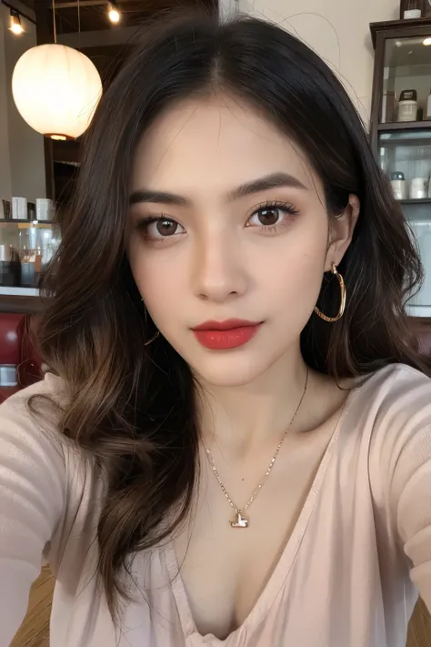 ((Masterpiece, high quality, super detailed, 4k, RAW Photo)), 1 girl, wavy hair, ((brown ombre hair)), Perfect face, thin face, ((lying silkworm eyes)), shinny skin, long sleeve t-shirt, in the coffee shop, look at the camera, slim body, perfect eyes, big ...