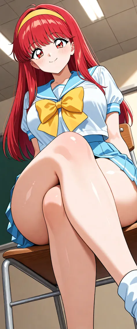 Straight Hair、Long Hair、Shiny light red hair color,(light blue sailor suit:1.3),Yellow headband,The large ribbon on the front of the sailor suit is yellow.,(light blue pleated skirt:1.3),Looks about , (beautiful girl: 1.3),Big, round eyes、Eyes are red,High...
