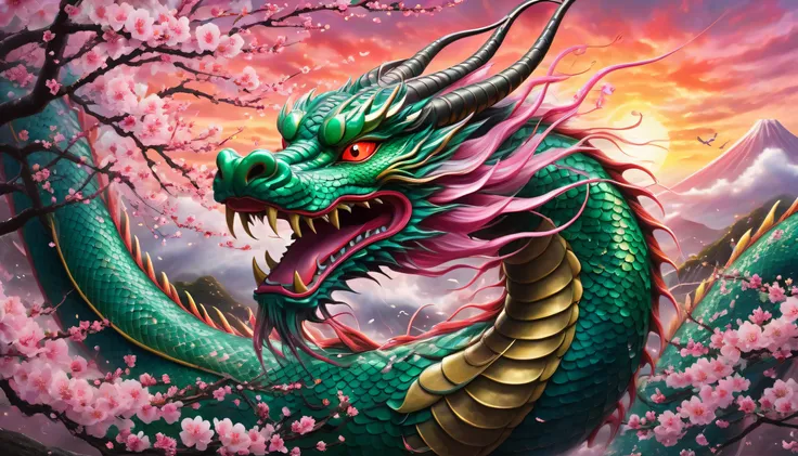 "A divine Japanese dragon with flowing whiskers and glowing red eyes, dancing through an intense cherry blossom storm. The vibrant pink petals fill the air as the dragon's emerald-green scales gleam against a dramatic sunset sky."