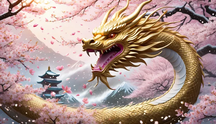 "A majestic Japanese dragon soaring through a powerful blizzard of cherry blossoms. The dragon’s elegant serpentine body weaves through the pink petals, its golden scales shimmering in the soft sunlight. A breathtaking, traditional Japanese fantasy scene."