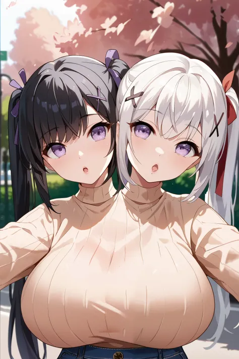 conjoined, 2girls, 2heads, two heads, a tall thin girls with 2 heads, twintails, x hair ornament, hair ribbon, white hair, black hair, purple eyes, huge breasts, front shots, upper body, beige sweater, jeans, park