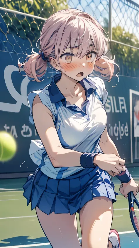 >:o 1girl :o ball blush breasts collarbone female_focus fence game_cg large_breasts marushin_(denwa0214) open_mouth pink_hair playing_sports racket shirato_usagi shoes short_hair skirt solo sportswear supokon!_sports_wear_complex tennis tennis_ball tennis_...
