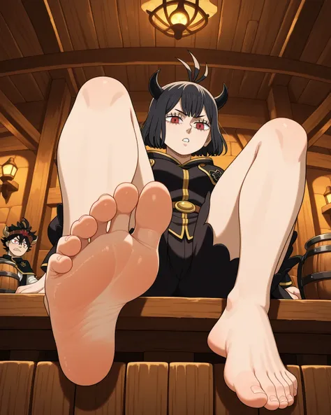 Nero ( black clover) red eyes, horns, short hair, big bobbies, feet, sole of the foot, open legs, tavern, room, close up 
