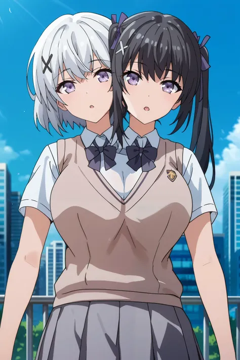 conjoined, 2girls, 2heads, two heads, a tall thin girls with 2 heads, twintails, x hair ornament, hair ribbon, white hair, black hair, purple eyes, huge breasts, front shots, upper body, skirt, shirt, school uniform, white shirt, short sleeves, pleated ski...