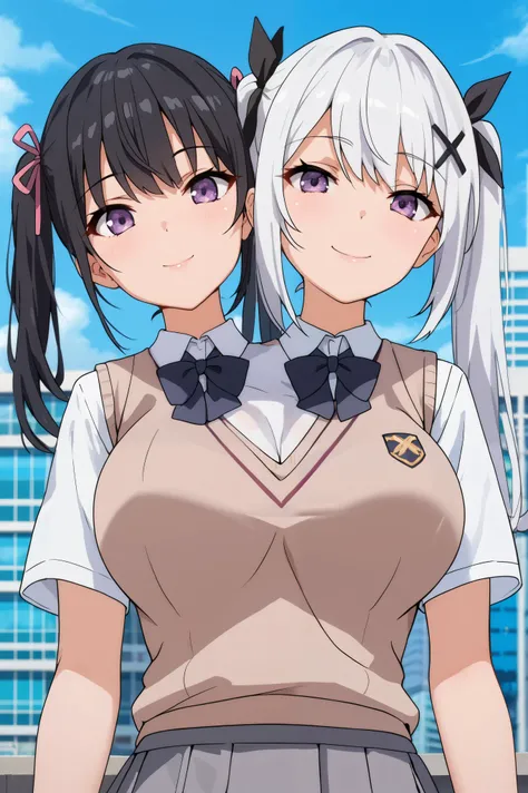 conjoined, 2girls, 2heads, two heads, a tall thin girls with 2 heads, twintails, x hair ornament, hair ribbon, white hair, black hair, purple eyes, large breasts, front shots, upper body, skirt, shirt, school uniform, white shirt, short sleeves, pleated sk...