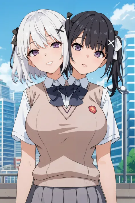 conjoined, 2girls, 2heads, two heads, a tall thin girls with 2 heads, x hair ornament, hair ribbon, white hair, black hair, white short hair, black twintails, purple eyes, large breasts, front shots, upper body, skirt, shirt, school uniform, white shirt, s...