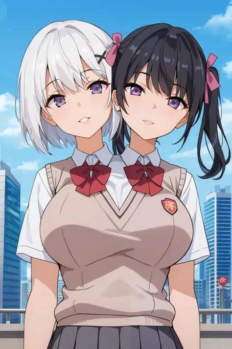 conjoined, 2girls, 2heads, two heads, a tall thin girls with 2 heads, x hair ornament, hair ribbon, white hair, black hair, white short hair, black twintails, purple eyes, large breasts, front shots, upper body, skirt, shirt, school uniform, white shirt, s...