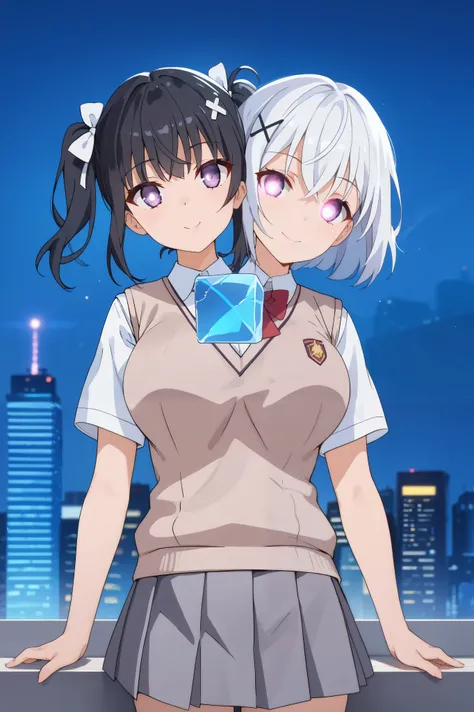 conjoined, 2girls, 2heads, two heads, a tall thin girls with 2 heads, x hair ornament, hair ribbon, white hair, black hair, white short hair, black twintails, purple eyes, large breasts, front shots, skirt, shirt, school uniform, white shirt, short sleeves...