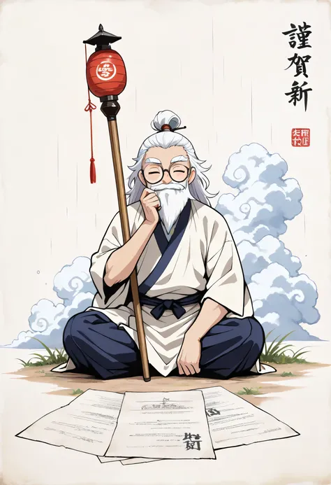 ink style, ArsMJStyle, Zen Ink Wash Sumi-e, (ultra-detailed solo Japanese very old vagabond hermit man with ultra-detailed white medium perm hair, very long white beard, (thick long white colored eyebrows), eyes are covered by thick eyebrows:1.2), (round s...