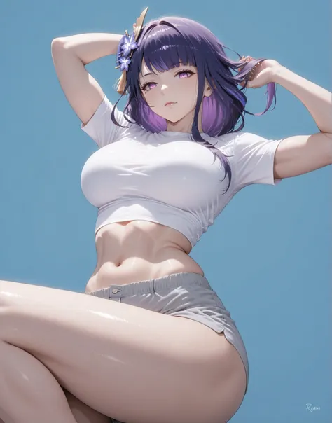 masterpiece, extremely detailed,4k,1girl, solo, raiden shogun,butterfly hair ornament, purple eyes, multicolored hair, short hair,slim body, sexy legs,perfect body,perfect skin texture,large breasts,housewife,grey short pants,white t-shirt, soft light, hig...