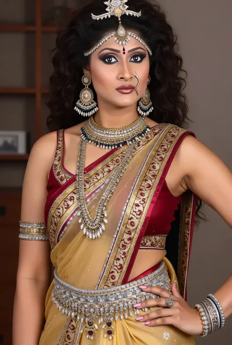 female goddess,karo,Goddess Kali,goddess durga,tigre,determination,strength,empowerment,Bravura,cause fear and discomfort,anger,lioness,elsword,弓,Dance, large breasts, deep cleavage, focus on breasts, transparent saree