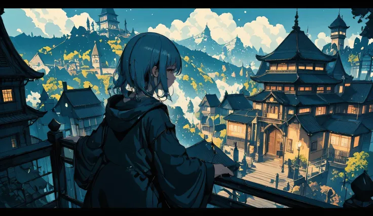anime-style ultra-detailed night landscape, detailed Rain fallen into detailed mountain, storm, rainy cloud, forest, white hair 25yo witch lady is seeing panorama view from high location, low_twintail hair, blunt bang, black witch robe, black witch hat, wo...
