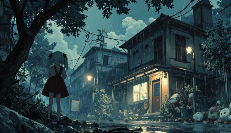 anime-style night landscape, Rain drops fallen to detailed backstreet, storm, Shelter from the rain under a tree, white hair girl, low twintail, Detailed Nostalgy Flux Anime, Darkness All Along