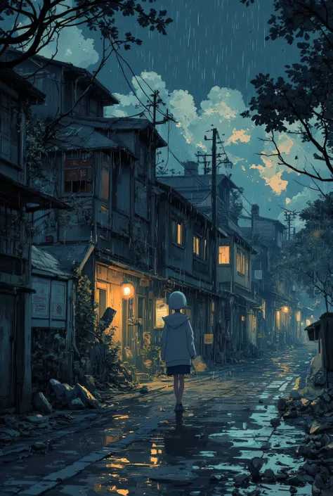 anime-style night landscape, Rain drops fallen to detailed backstreet, storm, Shelter from the rain under a tree, Detailed Nostalgy Flux Anime, Darkness All Along