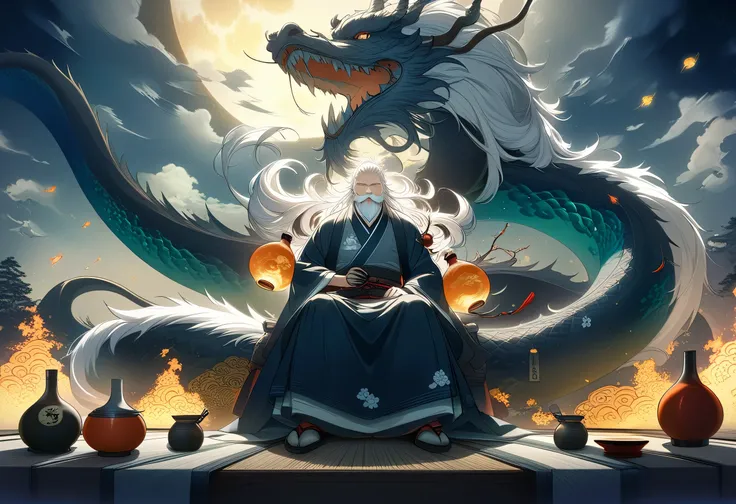 Score_9, score_8_up , score_7_up , source_anime, Detailed Images, masterpiece, absurdres, high resolution, composition with a small character at the right end, Donmn1gh7rXL night, Massive aquatic Chinese dragon, fantasy landscape, bonfire, ethereal fractal...