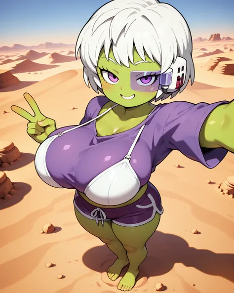 Chirai, short hair, white hair, green skin, sexy smile, big huge bobbies, thicks, selfie, upper view, shorts, desert, purple scouter, purple shirt, white bra, feet