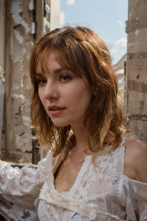 Photo of a redhead woman with a gun looking out of a window wears a western-style outfit, consisting of a low-cut white blouse under a blue simple dress with an azure corset, still from a live action movie, shot from movie, live-action adaptation, [ wester...